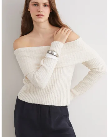 Pulover uni cu decolteu pe umeri, Alb fildes