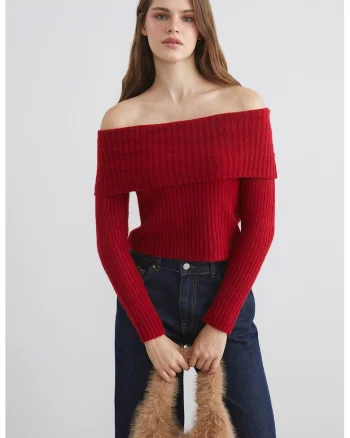 Pulover uni cu decolteu pe umeri, Rosu