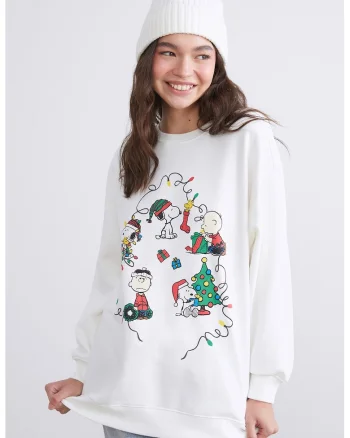 Bluza de trening cu croiala lejera si model tematic de Craciun, Rosu/Alb/Verde