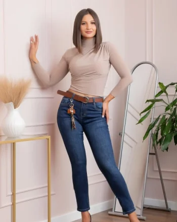 Blugi dama conici, talie inalta, albastru clasic cu curea ,   Kylie