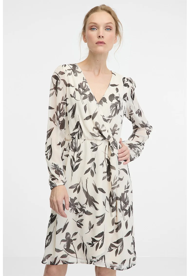 Rochie cu maneci lungi si model, Alb fildes/Gri antracit