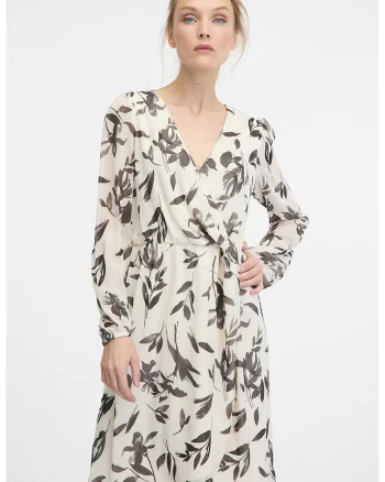 Rochie cu maneci lungi si model, Alb fildes/Gri antracit