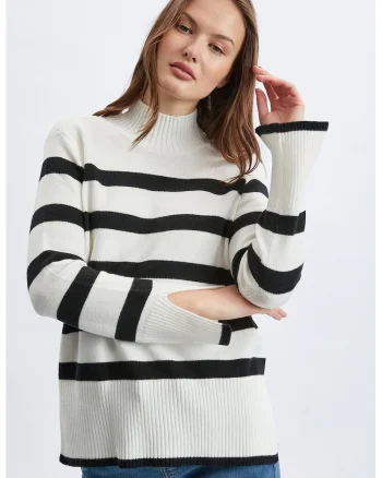 Pulover cu guler inalt si model in dungi, Alb/Negru stins