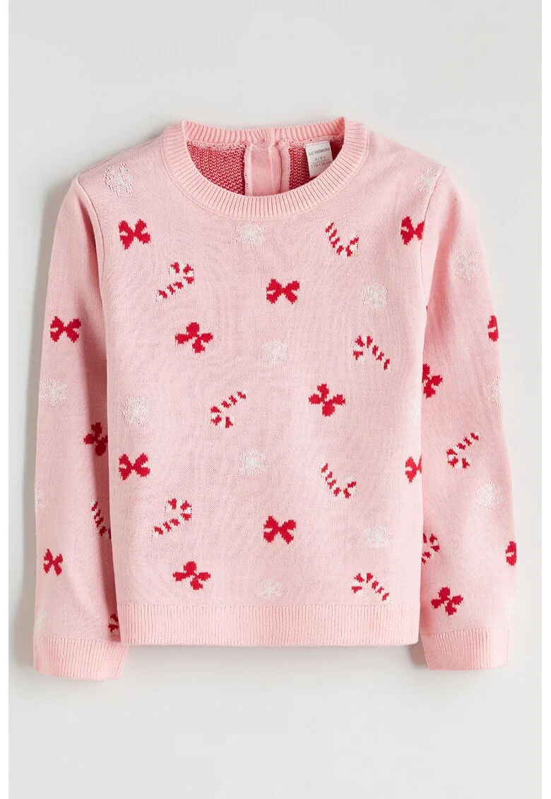 Pulover cu decolteu la baza gatului si model de Craciun, Rosu/Roz pastel