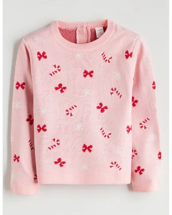 Pulover cu decolteu la baza gatului si model de Craciun, Rosu/Roz pastel