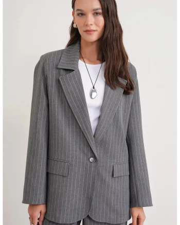 Sacou dama,  supradimensionat, model cu dungi, gri, textil