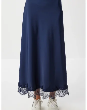 Fusta lunga, Happiness Istanbul, satin, talie elastica, bleumarin