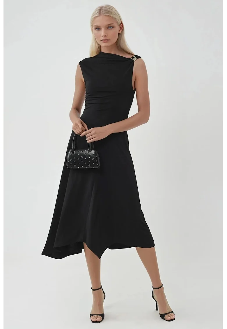 Rochie Midi  asimetrica, neagra, jerseu