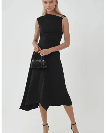 Rochie Midi  asimetrica, neagra, jerseu