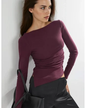 Bluza dama,  bumbac, decolteu barca, mov, jerseu,