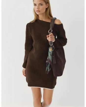 Rochie tricotata,  guler asimetric, maro, tricot,