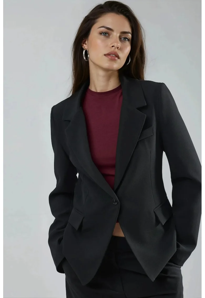 Sacou Slim Fit,  lung, guler de jacheta, negru, textil