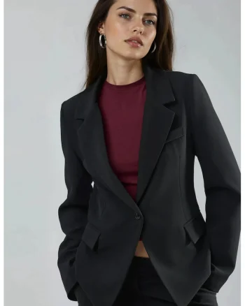 Sacou Slim Fit,  lung, guler de jacheta, negru, textil