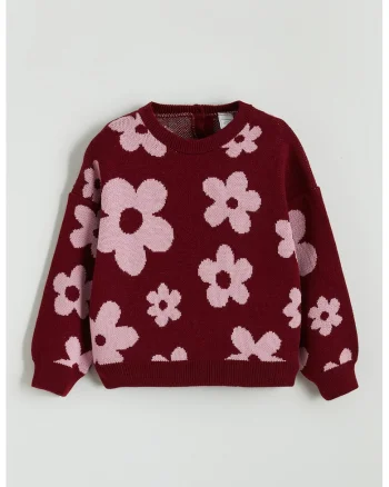 Pulover cu model floral, Visiniu/Roz pastel