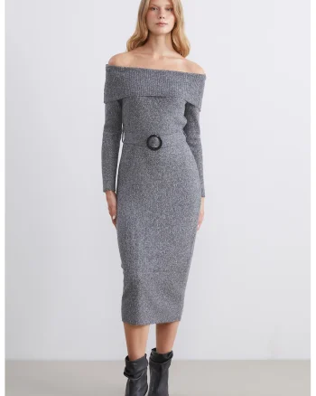 Rochie tricotata cu decolteu pe umeri, Gri melange