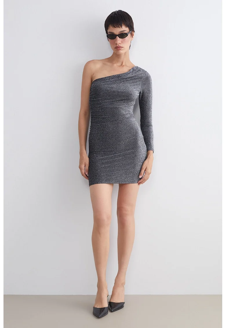 Rochie cambrata cu o maneca lunga, Argintiu