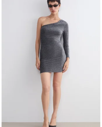 Rochie cambrata cu o maneca lunga, Argintiu