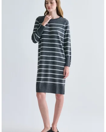 Rochie dreapta midi cu dungi, Alb/Gri carbune