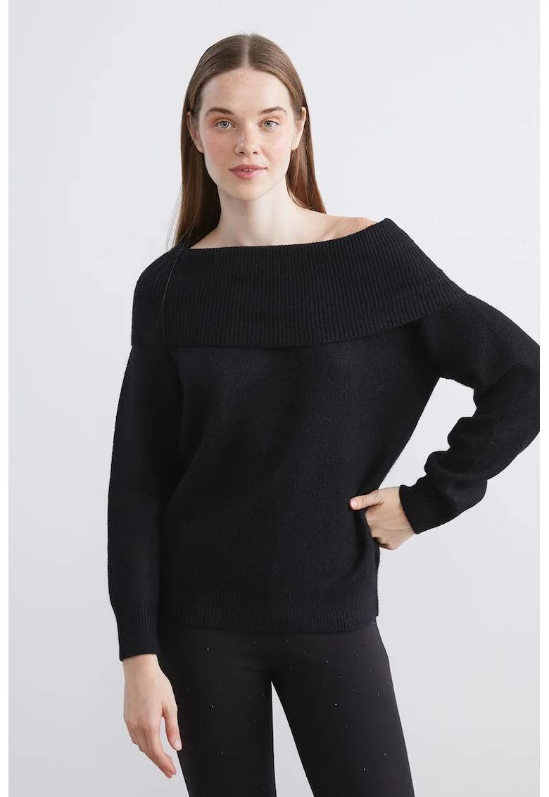 Pulover uni cu decolteu pe umeri, Negru