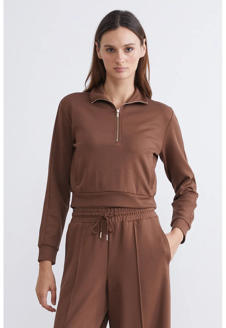 Bluza crop de trening cu fenta scurta cu fermoar, Maro scortisoara