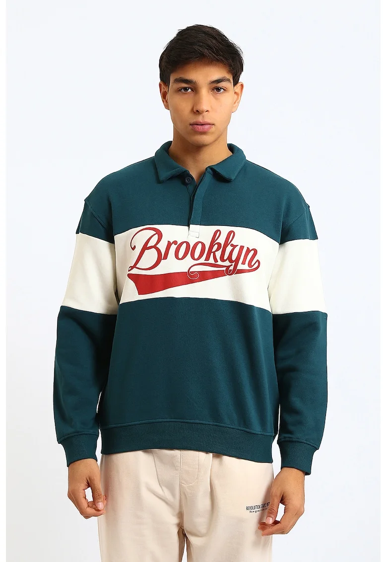 Bluza polo de trening cu imprimeu text, Rosu/Alb/Verde englez