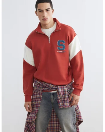 Bluza lejera de trening cu fenta cu fermoar, Rosu/Alb