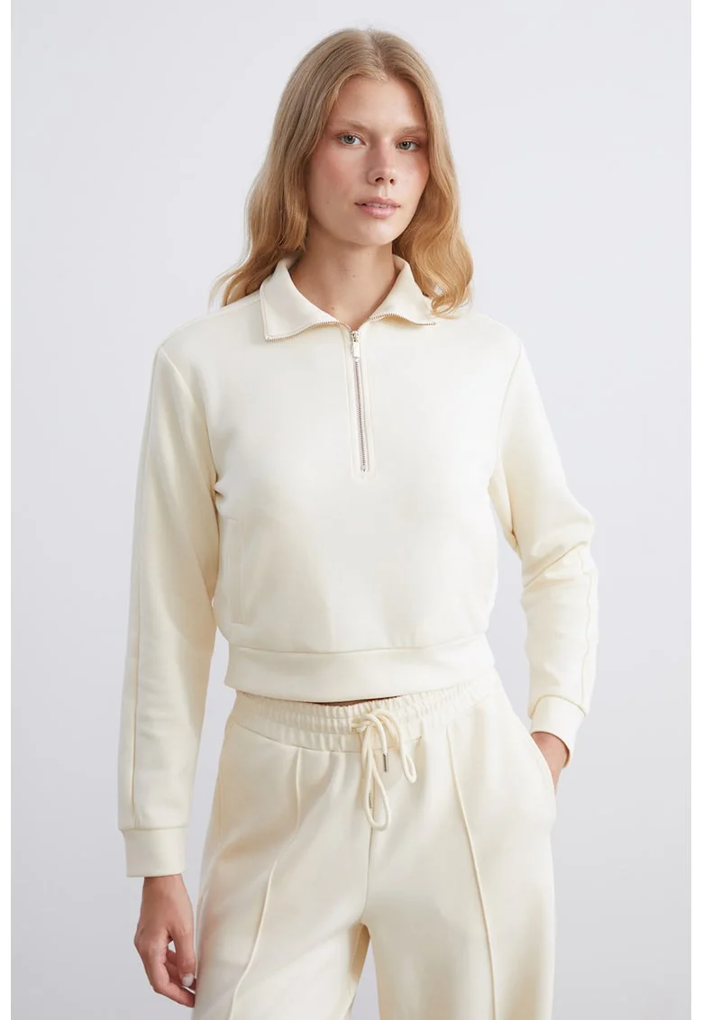 Bluza crop de trening cu fenta scurta cu fermoar, Alb fildes