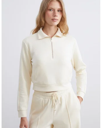 Bluza crop de trening cu fenta scurta cu fermoar, Alb fildes