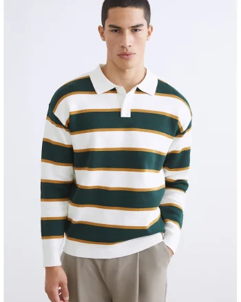Pulover polo cu dungi, Alb/Verde englez/Caramel
