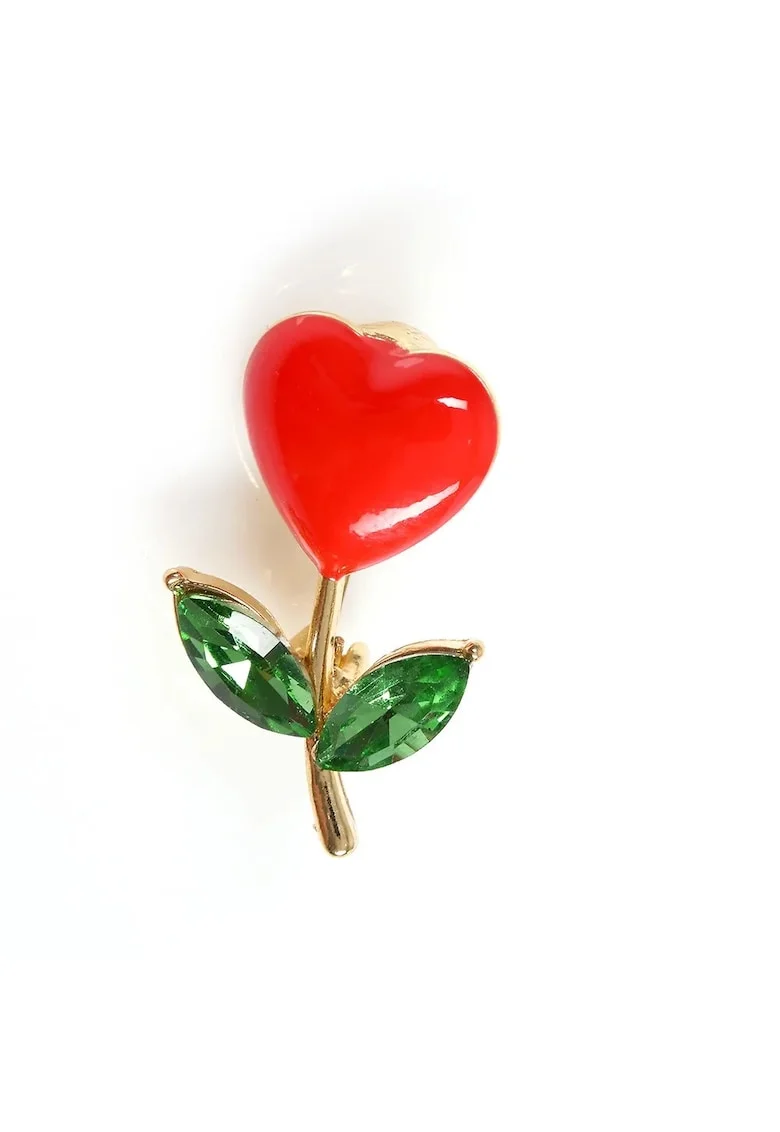 Brosă martisor floare inimă,  verde și roșu, 2x3cm