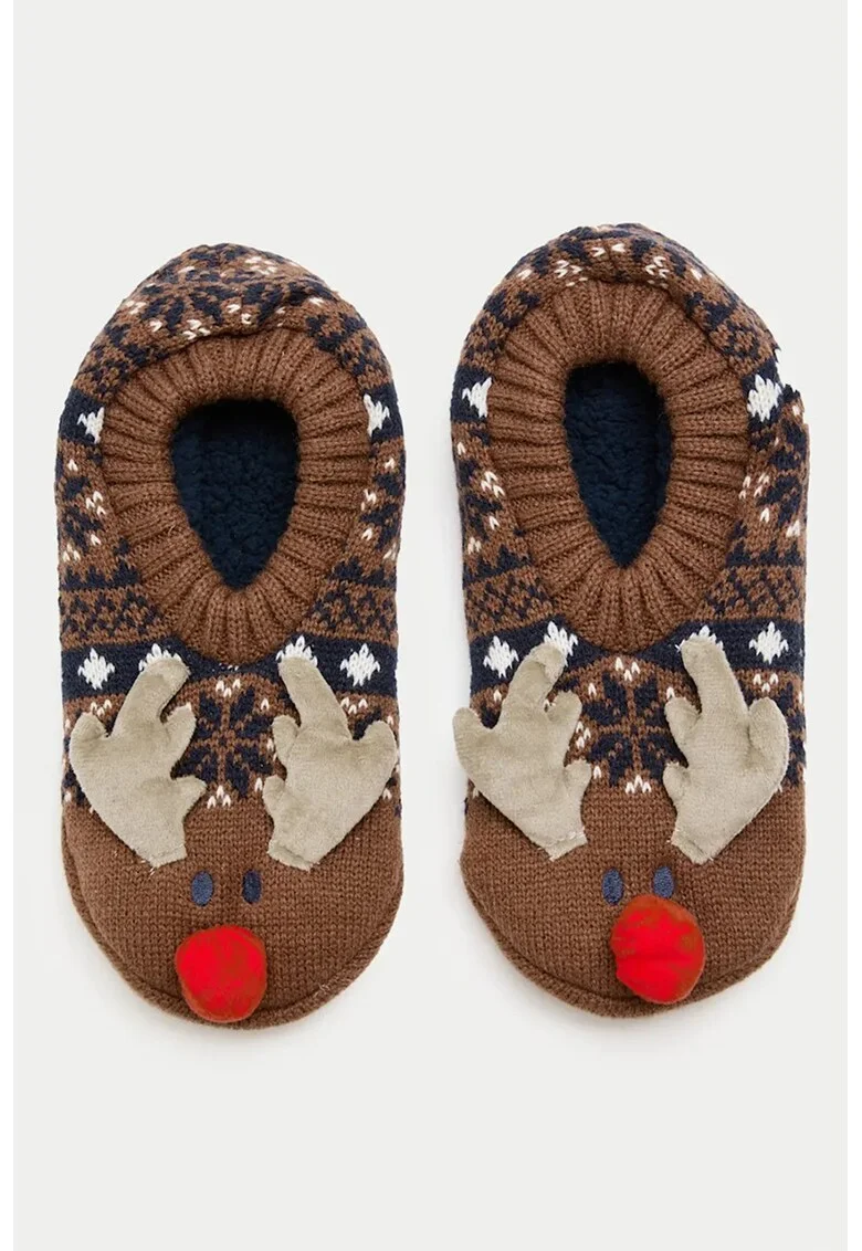 Cizme de casa cu tematica cu ren si talpa antialunecare, Rosu/Maro inchis