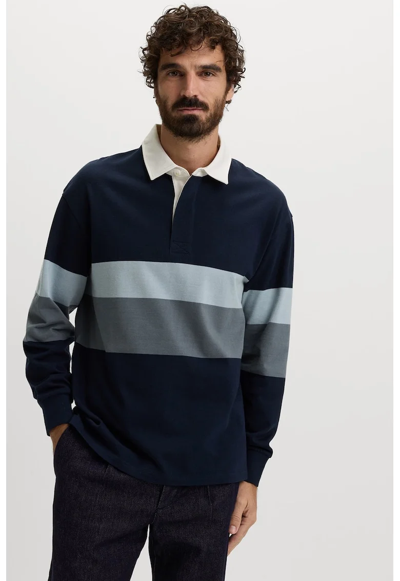 Pulover polo cu model in dungi, Negru/Albastru prafuit