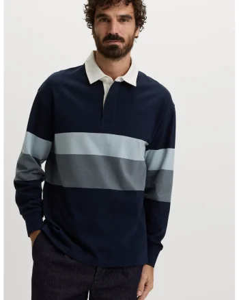Pulover polo cu model in dungi, Negru/Albastru prafuit