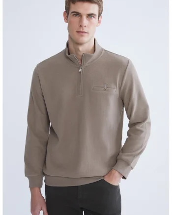 Bluza de trening cu fenta cu fermoar, Maro nisip
