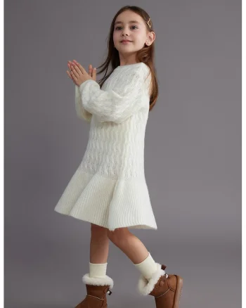 Rochie evazata din tricot, Alb fildes