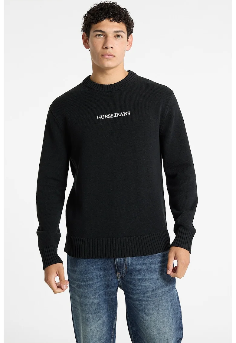 Pulover de bumbac cu broderie logo, Negru