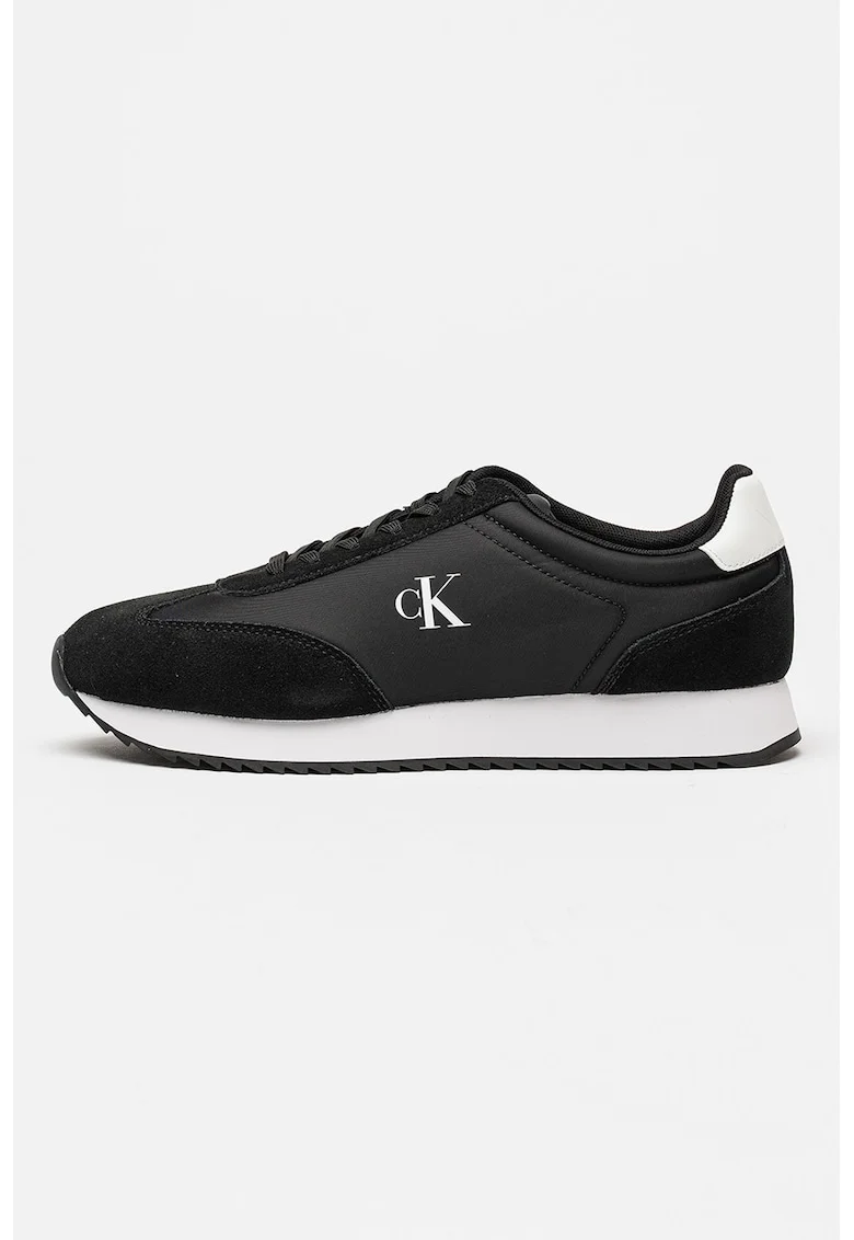 Pantofi sport low-cut Retro Runner cu garnituri de piele intoarsa, Alb/Negru
