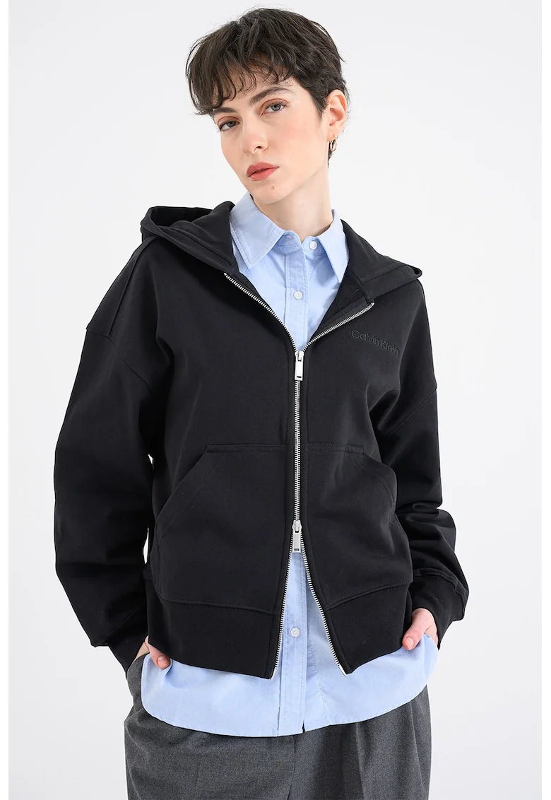 Hanorac lejer cu model uni si fermoar, Negru