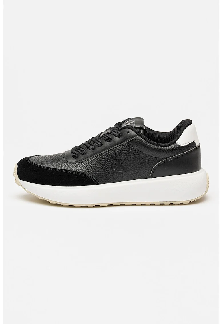 Pantofi sport din piele si piele ecologica cu detaliu monograma, Negru