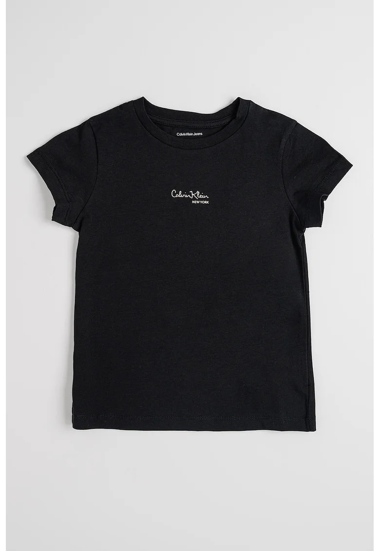 Tricou cu decolteu la baza gatului si imprimeu logo, Negru