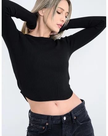 Bluza crop cu decolteu rotund, Negru