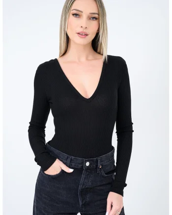 Bluza slim fit cu decolteu in V, Negru