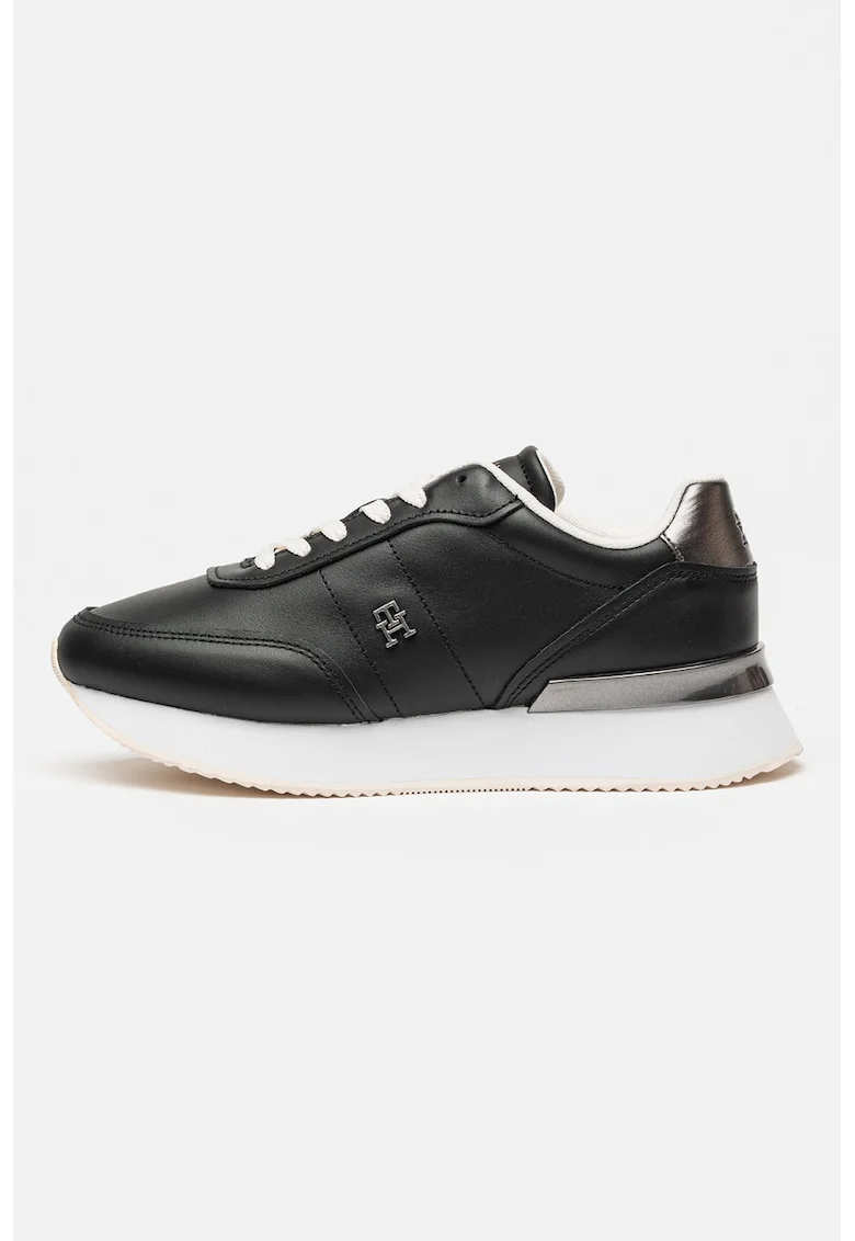 Pantofi sport de piele cu logo discret, Negru/Argintiu