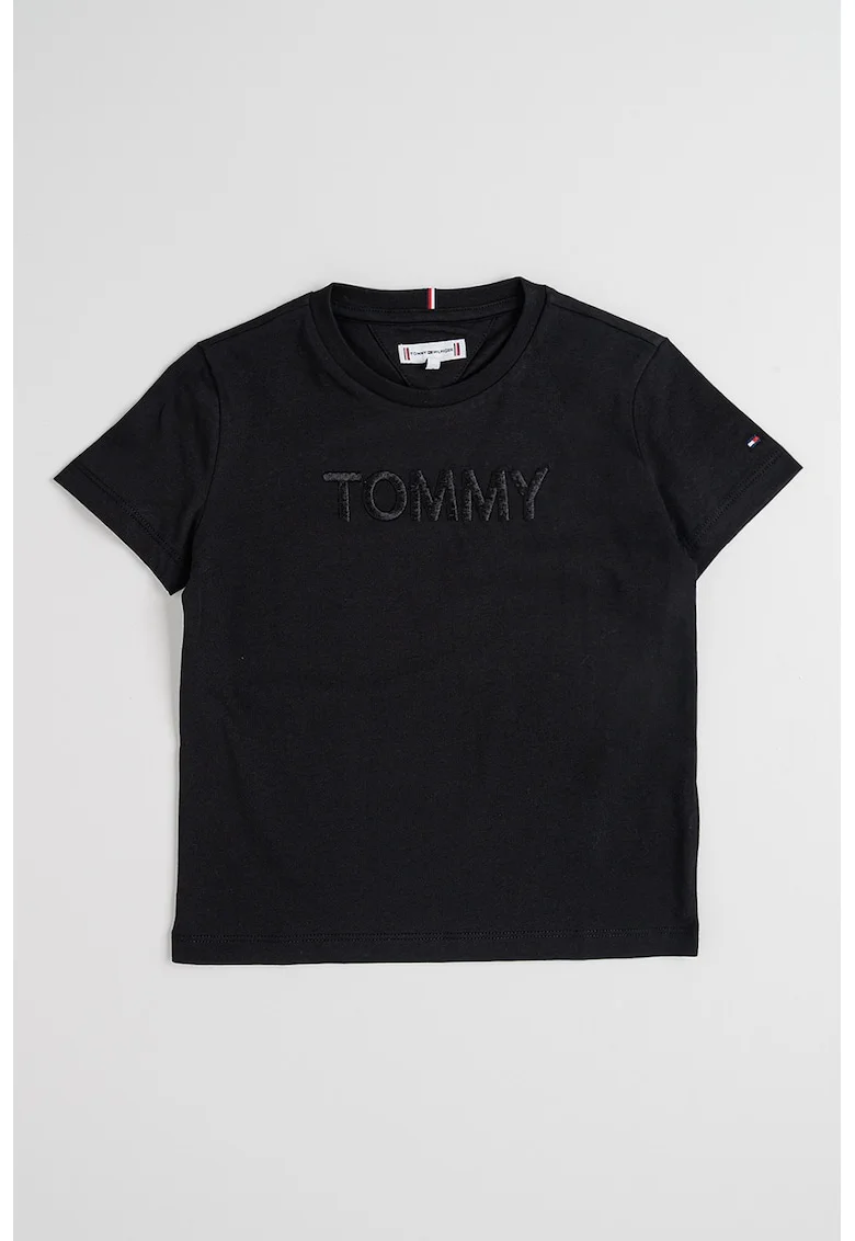 Tricou cu decolteu la baza gatului si broderie logo, Negru