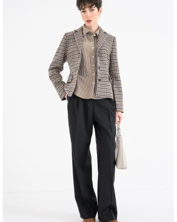 Sacou din lana cu model in carouri si buzunare cu clapa, Negru/Maro