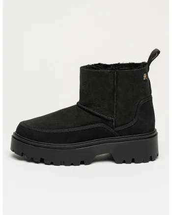 Ghete de iarna din piele intoarsa si blana shearling fara inchidere Real, Negru