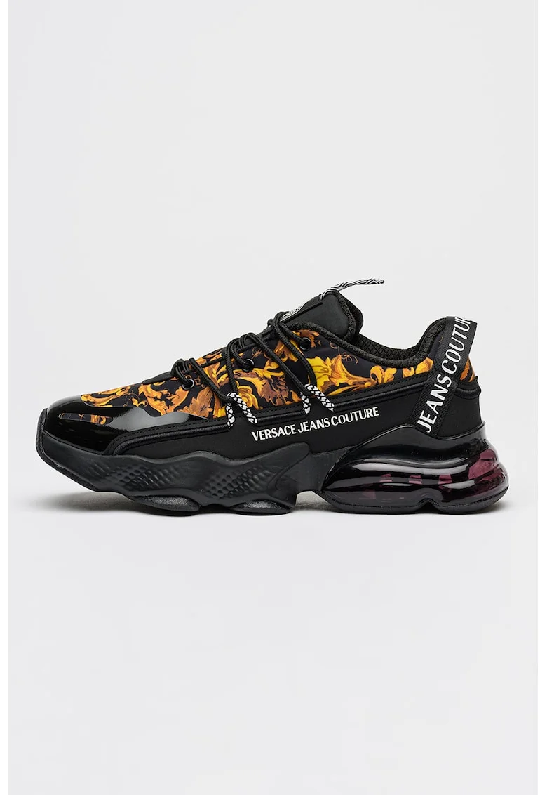 Pantofi sport cu imprimeu logo si garnituri cu aspect lacuit, Negru/Portocaliu pal