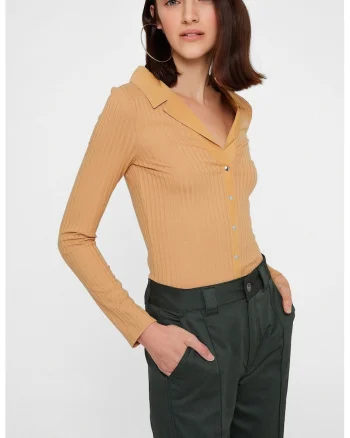 Pulover slim fit cu revere decupate, Portocaliu persan
