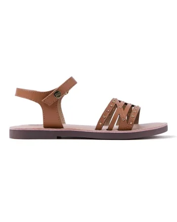Sandale din piele decorate cu tinte, Maro camel