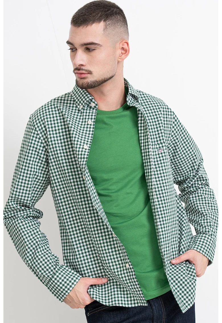 Camasa din bumbac Gingham, Alb/Verde inchis